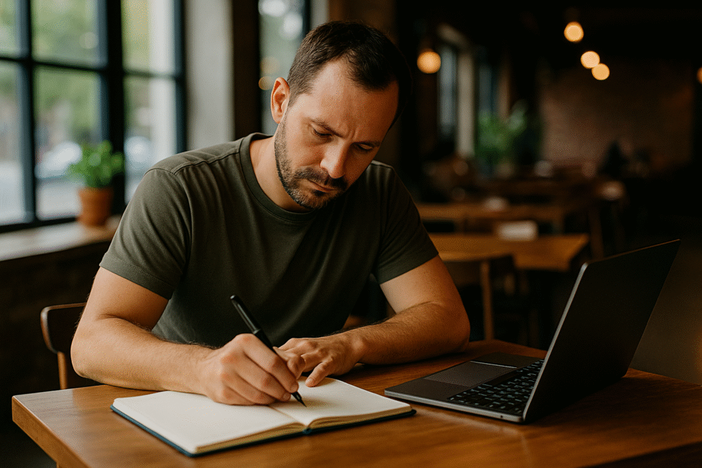 Emprendedor trabajando en soledad en una cafetería, escribiendo ideas en una libreta