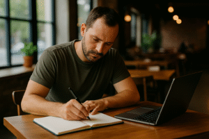 Emprendedor trabajando en soledad en una cafetería, escribiendo ideas en una libreta